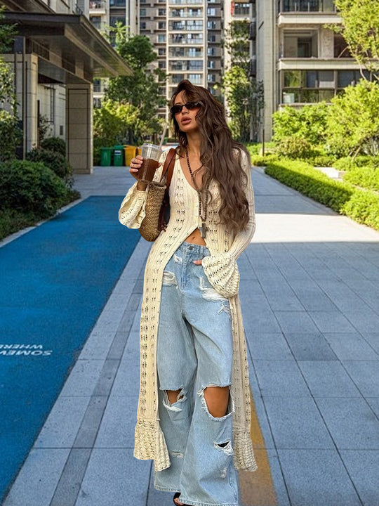 Damen Großer Strickcardigan mit offener Maschenstruktur und weit geschnittenen Ärmeln Heidi-Mode