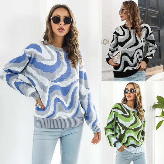 Damen lässiger Pullover mit einzigartigem Wellenmuster Heidi-Mode