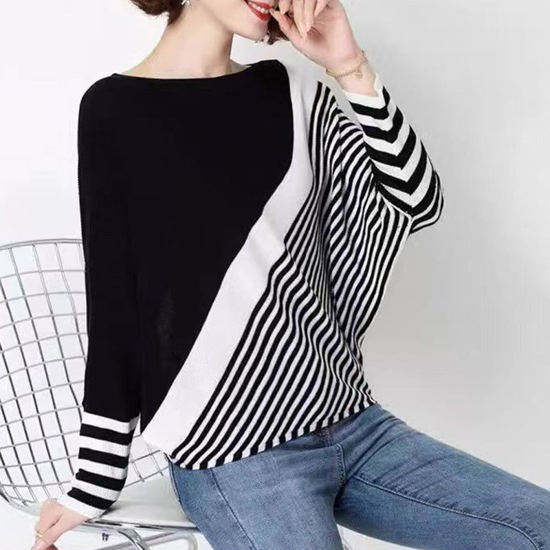 Damen modischer Strickpullover mit asymmetrischem Schnitt und grafischem Streifenmuster Heidi-Mode