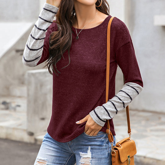 Damen Lässiges Langarmshirt mit gestreiften Ärmeln Heidi-Mode