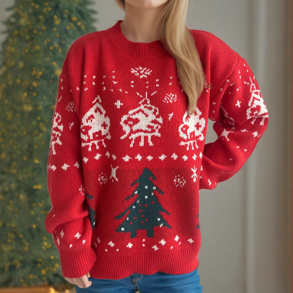 Damen gestrickter Weihnachtspullover mit festlichen Motiven und lässigem Schnitt Heidi-Mode