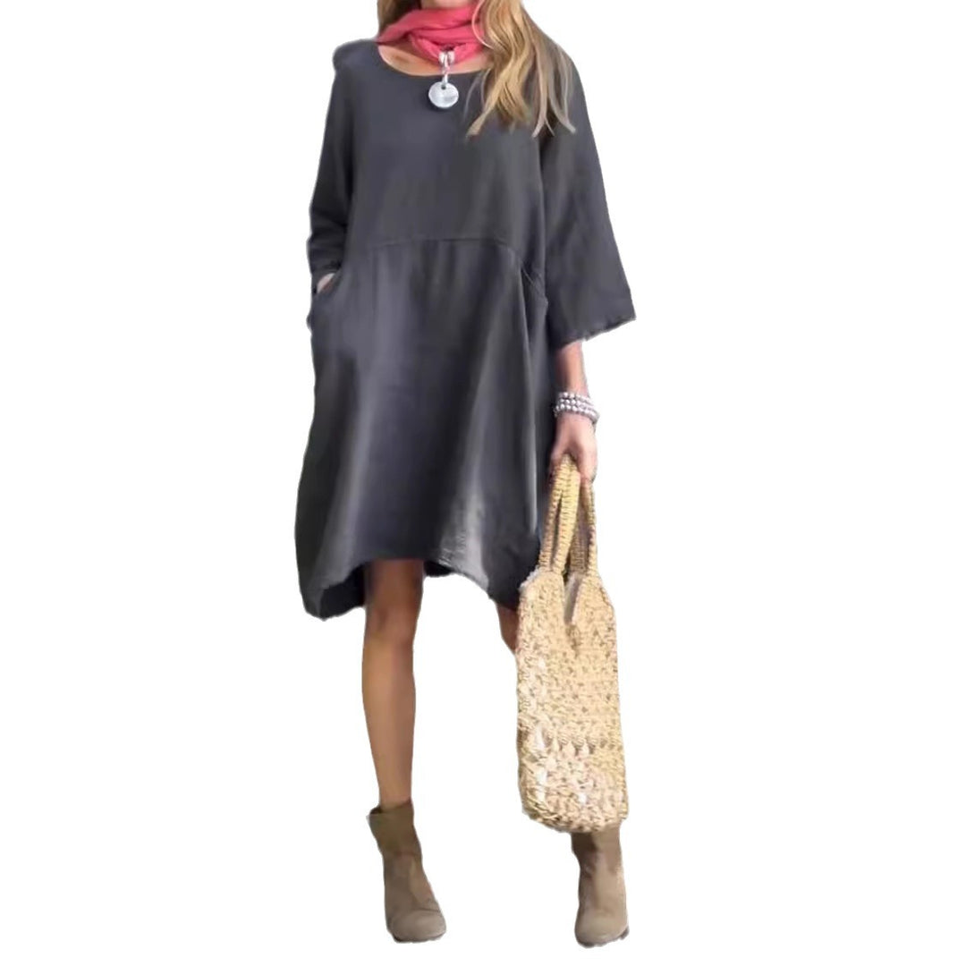 Damen lässiges Leinenkleid mit praktischen Taschen und asymmetrischem Saum Heidi-Mode