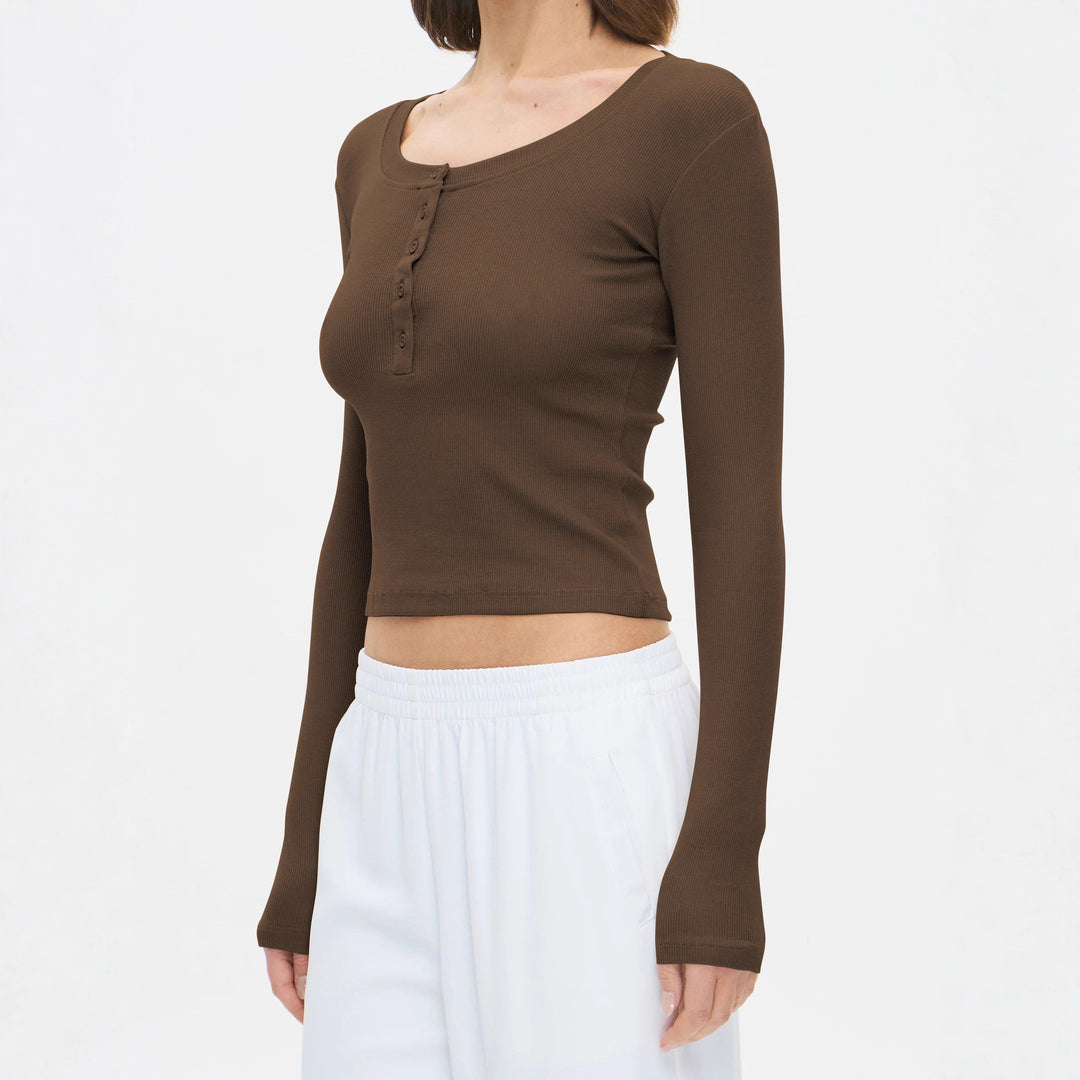 Damen Langarmshirt mit Knopfleiste und figurbetontem Schnitt Heidi-Mode