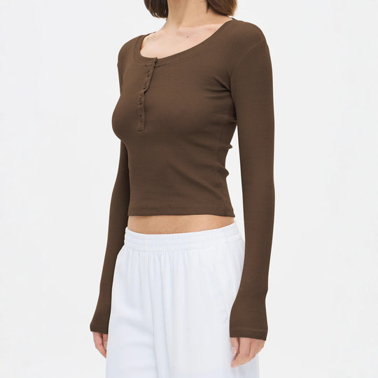 Damen Langarmshirt mit Knopfleiste und figurbetontem Schnitt Heidi-Mode