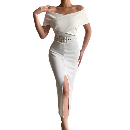 Damen Etuikleid mit schulterfreiem Design und hohem Schlitz Heidi-Mode
