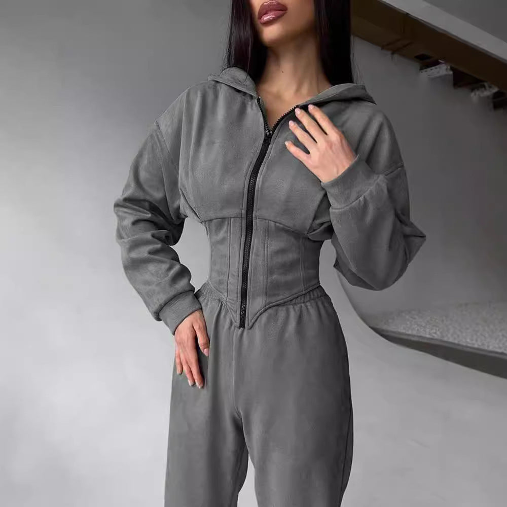 Damen Lässiger Utility-Jumpsuit mit hohem Kragen und Reißverschluss Heidi-Mode