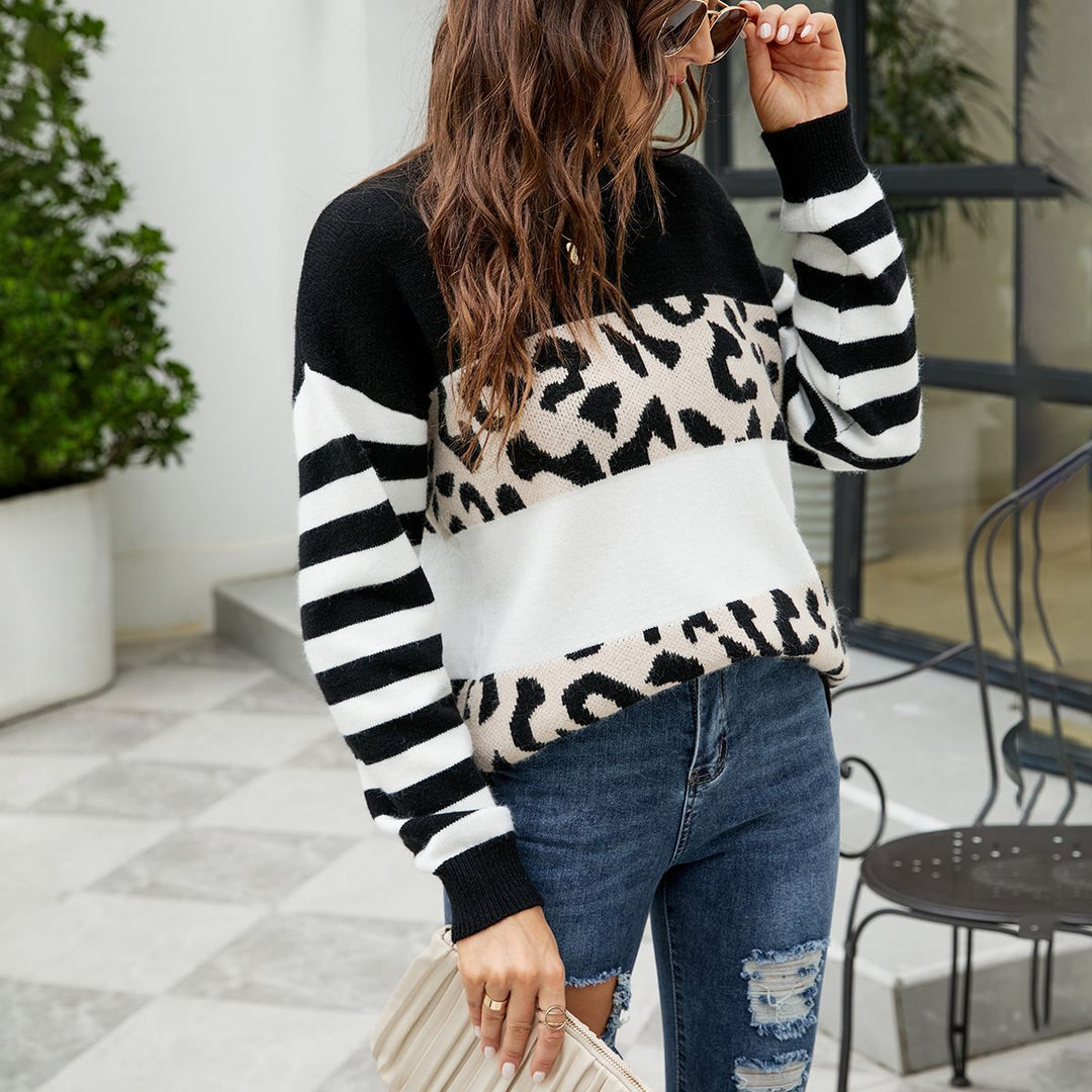 Damen modischer Pullover mit auffälligem Leopardenmuster und gestreiften Ärmeln Heidi-Mode