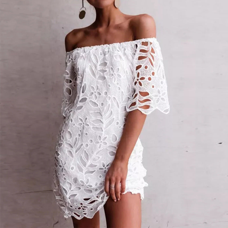 Damen Off-Shoulder Kleid mit floralen Cut-Outs und luftigen Ärmeln Heidi-Mode