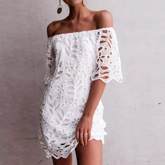 Damen Off-Shoulder Kleid mit floralen Cut-Outs und luftigen Ärmeln Heidi-Mode