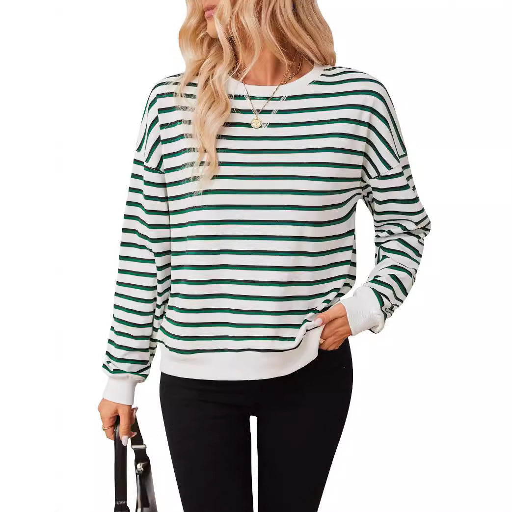 Damen lässiger Sweatshirt mit modernem Streifenmuster und Rundhalsausschnitt Heidi-Mode