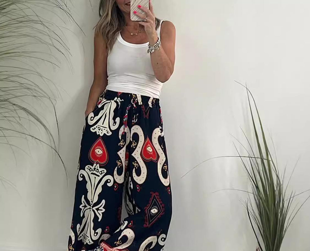 Damen weite Sommerhose mit buntem Muster und elastischem Bund Heidi-Mode