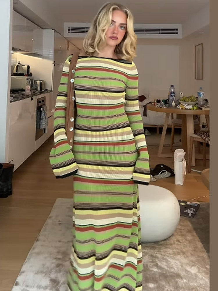 Damen Maxi-Kleid mit einzigartigem Streifenmuster und weitem Arm Heidi-Mode