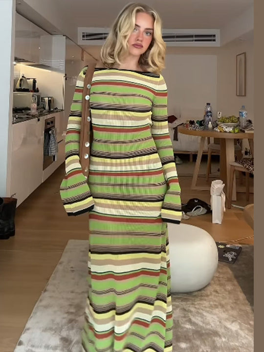 Damen Maxi-Kleid mit einzigartigem Streifenmuster und weitem Arm Heidi-Mode