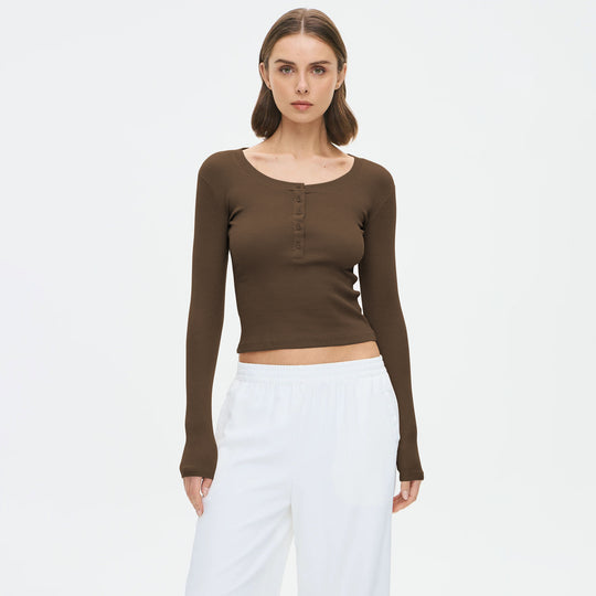 Damen Langarmshirt mit Knopfleiste und figurbetontem Schnitt Heidi-Mode
