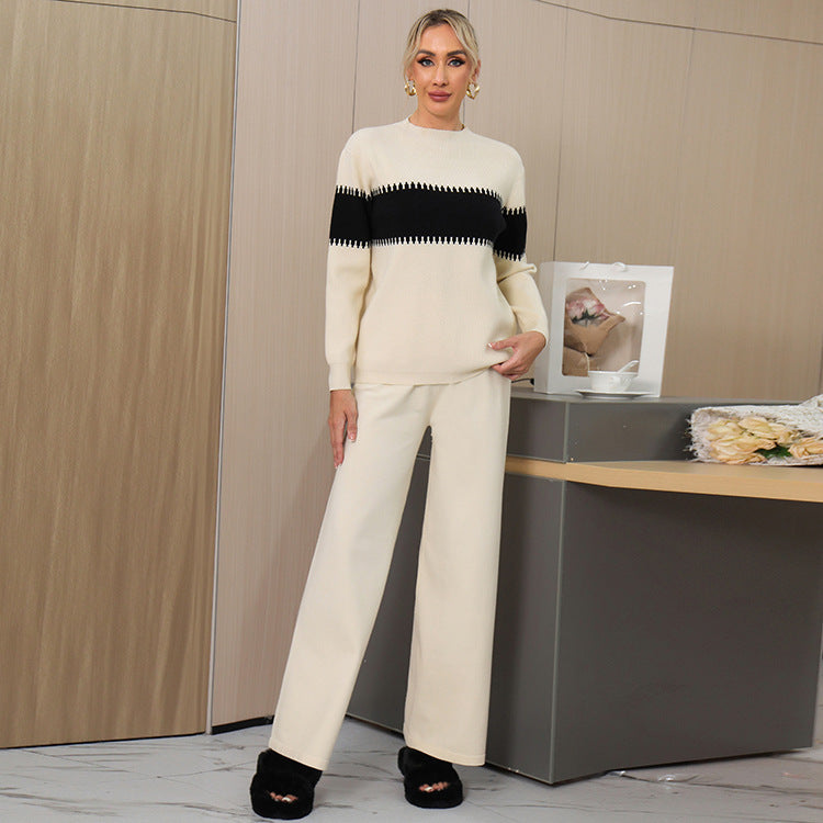 Damen gemütliches Strick-Loungewear-Set mit elegantem Strukturmuster und weitem Bein Heidi-Mode