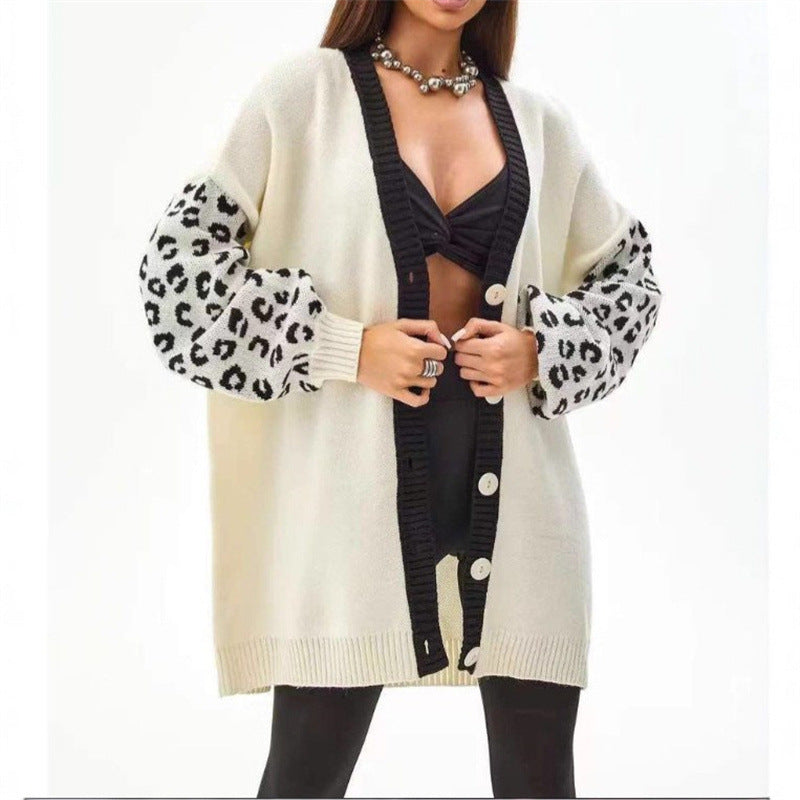 Damen Grobstrick Cardigan mit Leopardenmuster und Knopfdetaillierung Heidi-Mode