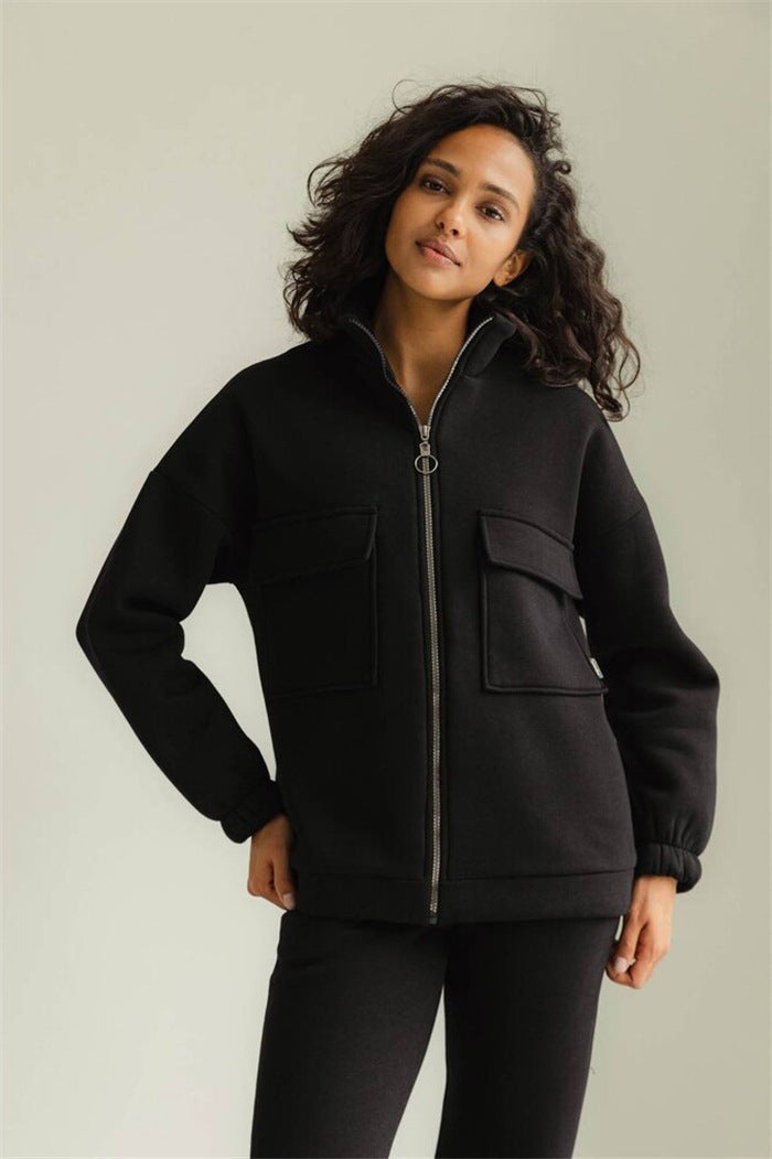 Damen bequeme Fleece-Jacke mit hohem Kragen und praktischen Taschen Heidi-Mode
