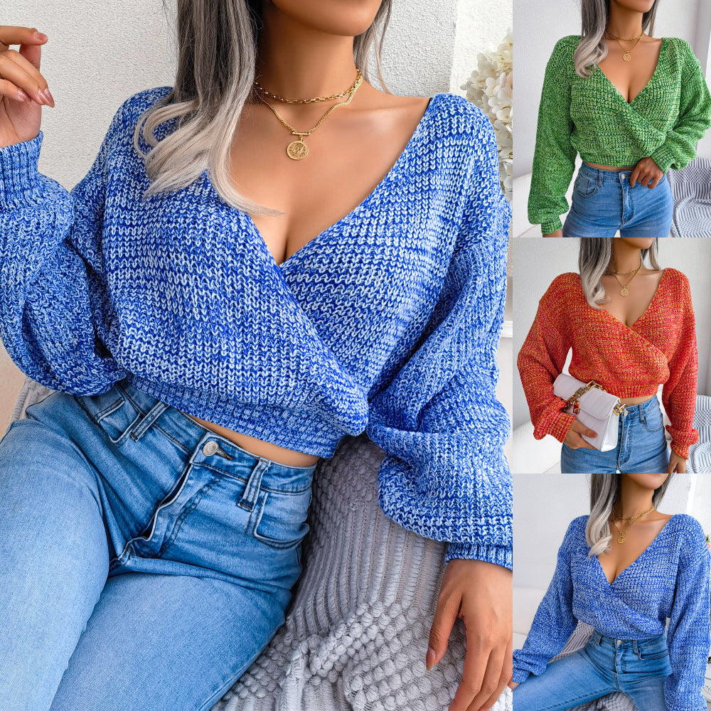 Damen Modischer Crop-Top Strickpullover mit V-Ausschnitt und weiten Ärmeln Heidi-Mode