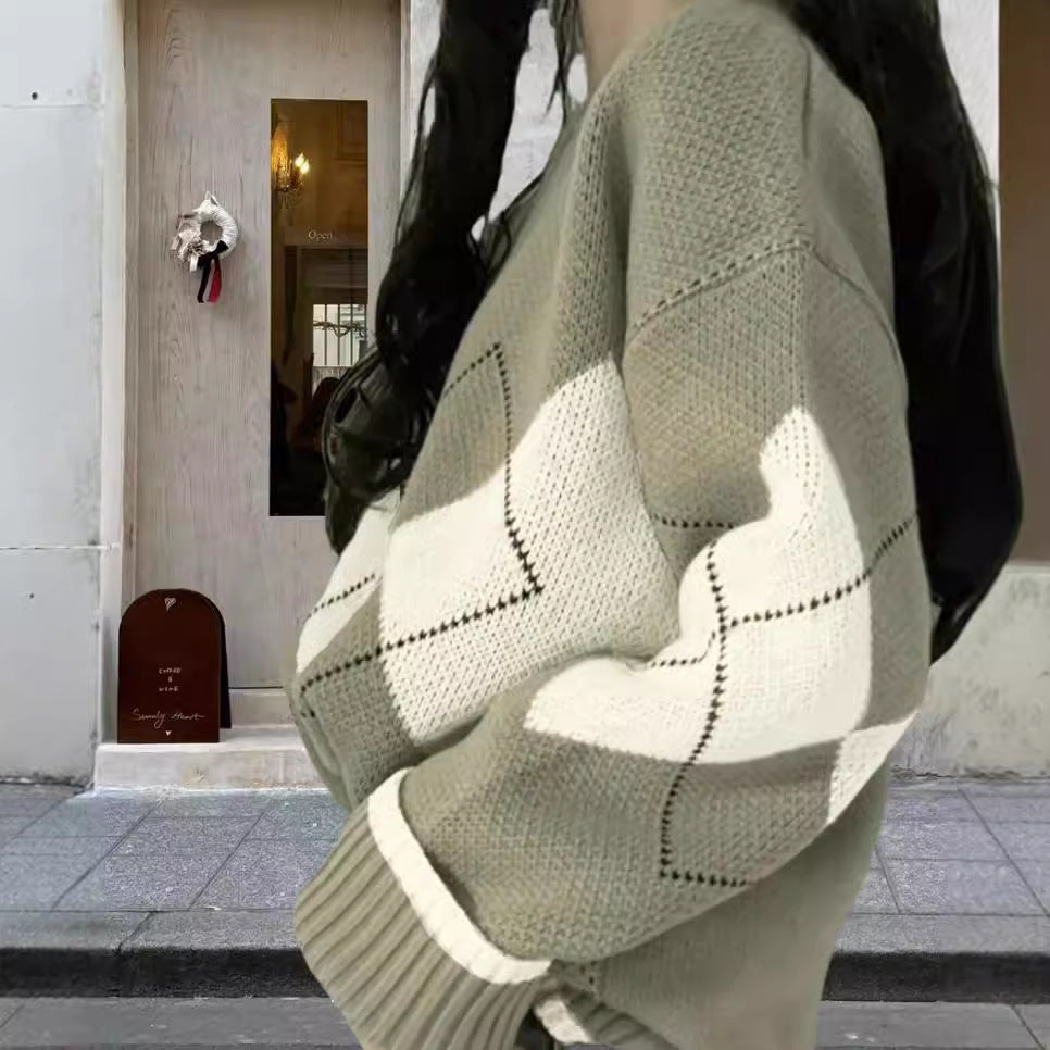 Damen Grobstrickpullover mit modernen Rautenmustern und weitem Schnitt Heidi-Mode