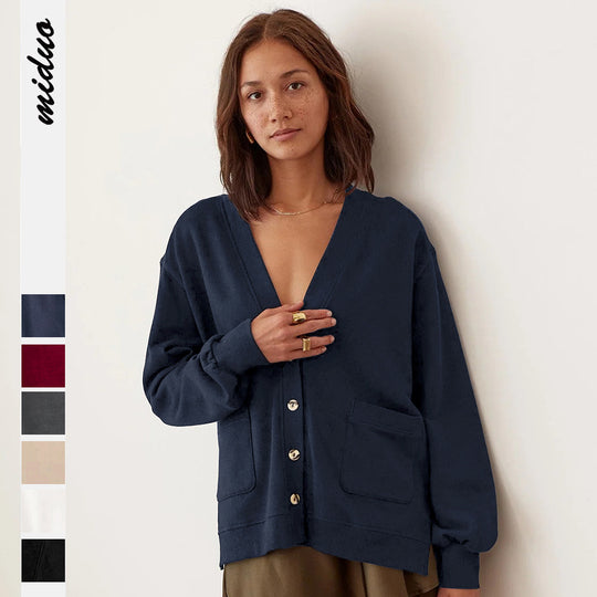 Damen lässige Strickjacke mit tiefem V-Ausschnitt und großen Taschen Heidi-Mode