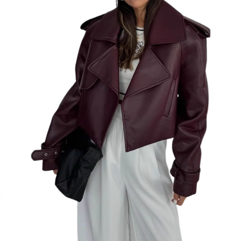 Damen modische Kunstlederjacke mit oversized Schnitt und breitem Kragen Heidi-Mode