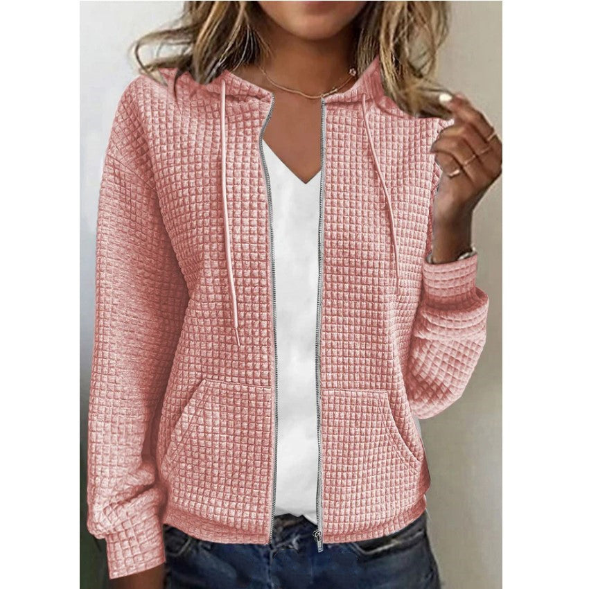 Damen Waffelstruktur Kapuzenjacke mit durchgehendem Reißverschluss und praktischen Taschen Heidi-Mode