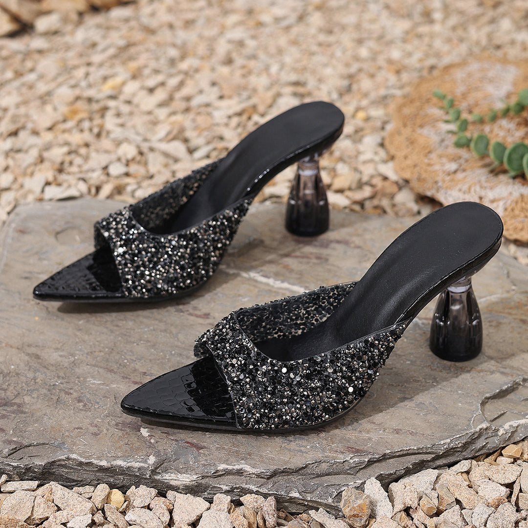 Damen Glamouröse und funkelnde High Heels mit transparentem Blockabsatz Heidi-Mode