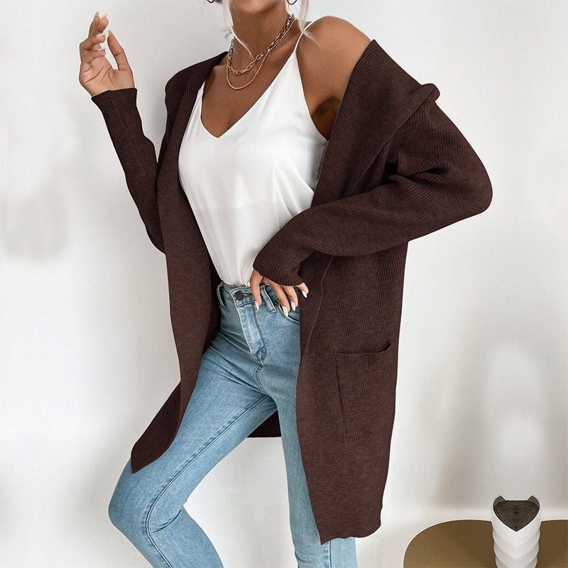 Damen Langärmlige Strickjacke mit Kapuze und seitlichen Taschen Heidi-Mode