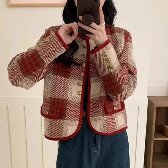 Damen Freizeitblazer mit eleganter Karomusterung und Knopfdetails Heidi-Mode