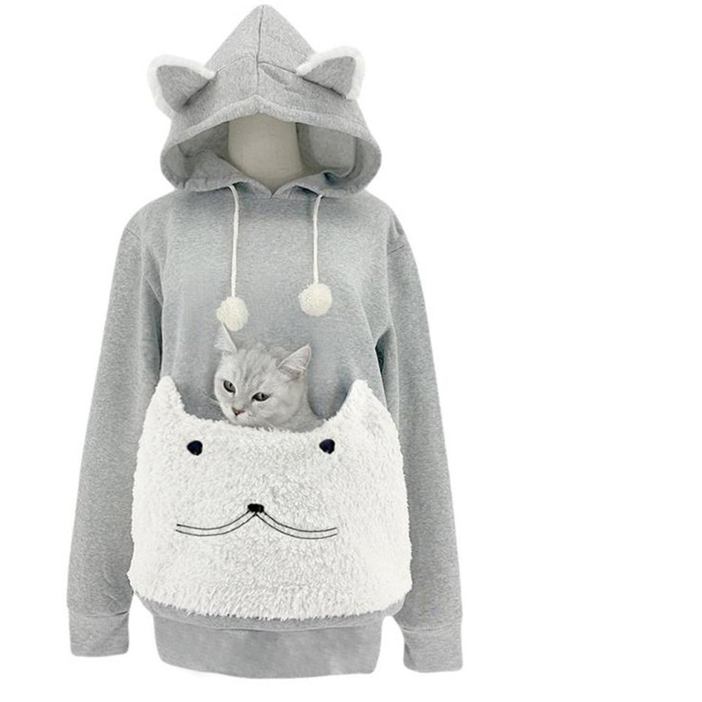 Damen Kuscheliger Kapuzenpullover mit Katzenmotiv und praktischer Känguru-Tasche Heidi-Mode