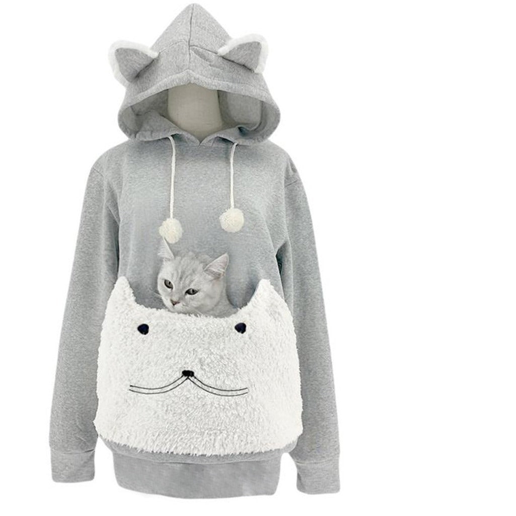 Damen Kuscheliger Kapuzenpullover mit Katzenmotiv und praktischer Känguru-Tasche Heidi-Mode