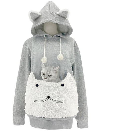 Damen Kuscheliger Kapuzenpullover mit Katzenmotiv und praktischer Känguru-Tasche Heidi-Mode