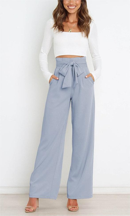 Damen Weit geschnittene High-Waist-Hose mit Binde-Gürtel und Taschen Heidi-Mode