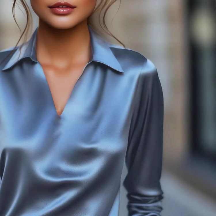 Damen Edles Satin-Oberteil mit V-Ausschnitt und klassischem Kragen Heidi-Mode
