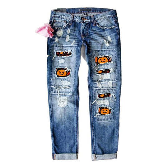 Damen Destroyed Jeans mit einzigartigen Halloween-Designs Heidi-Mode