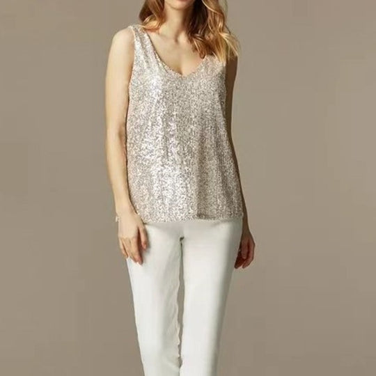 Damen Glitzerndes Oberteil mit V-Ausschnitt und funkelndem Paillettenbesatz Heidi-Mode