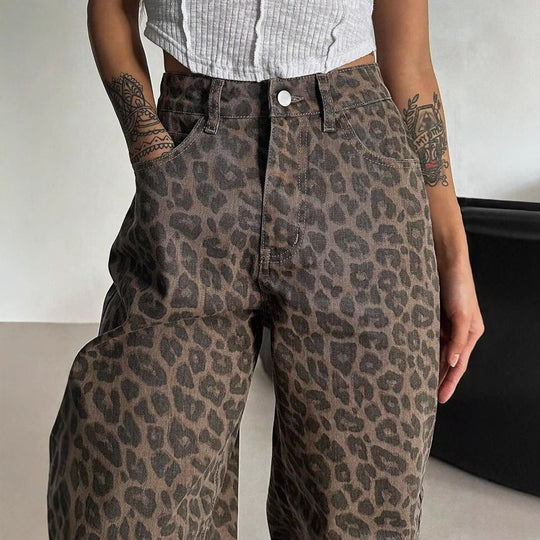 Damen Weit geschnittene Leoparden-Jeans im lässigen Stil Heidi-Mode