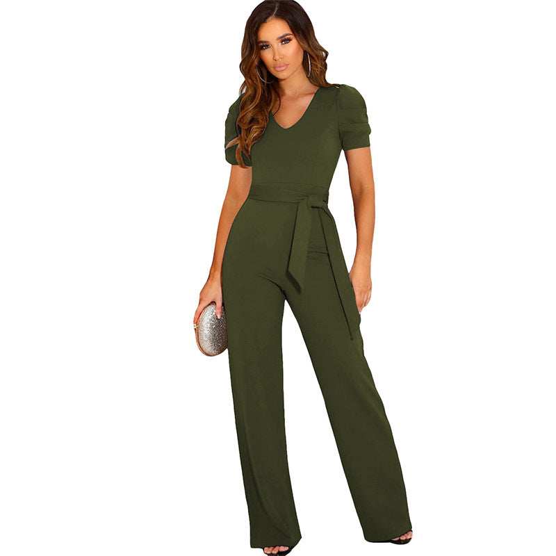 Damen Eleganter Jumpsuit mit Taillengürtel und Puffärmel Heidi-Mode