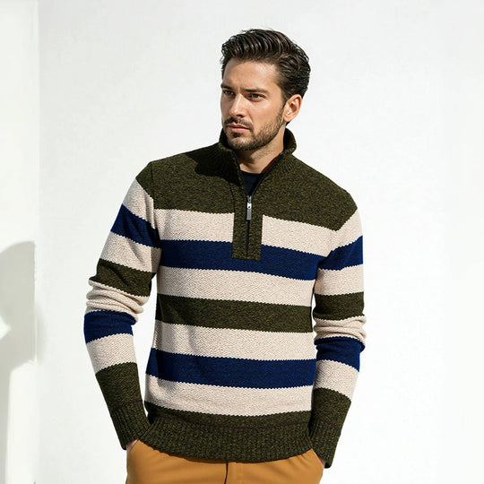 Herren Strickpullover mit hohem Kragen und innovativem Reißverschluss Heidi-Mode