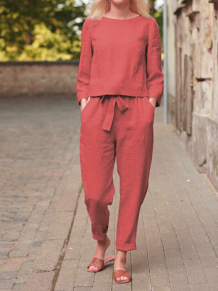 Damen Leinenanzug mit kurzem Oberteil und elastischem Bund Heidi-Mode