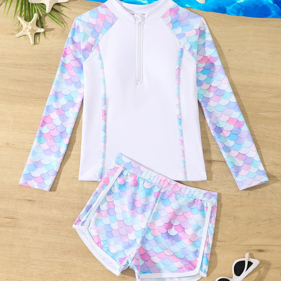 Damen Surfanzug-Set mit langer Raglanärmel und farbenfrohem Schuppenmuster Heidi-Mode