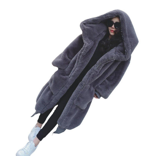 Damen Übergroßer Kunstfellmantel mit Kapuze und Taschen Heidi-Mode