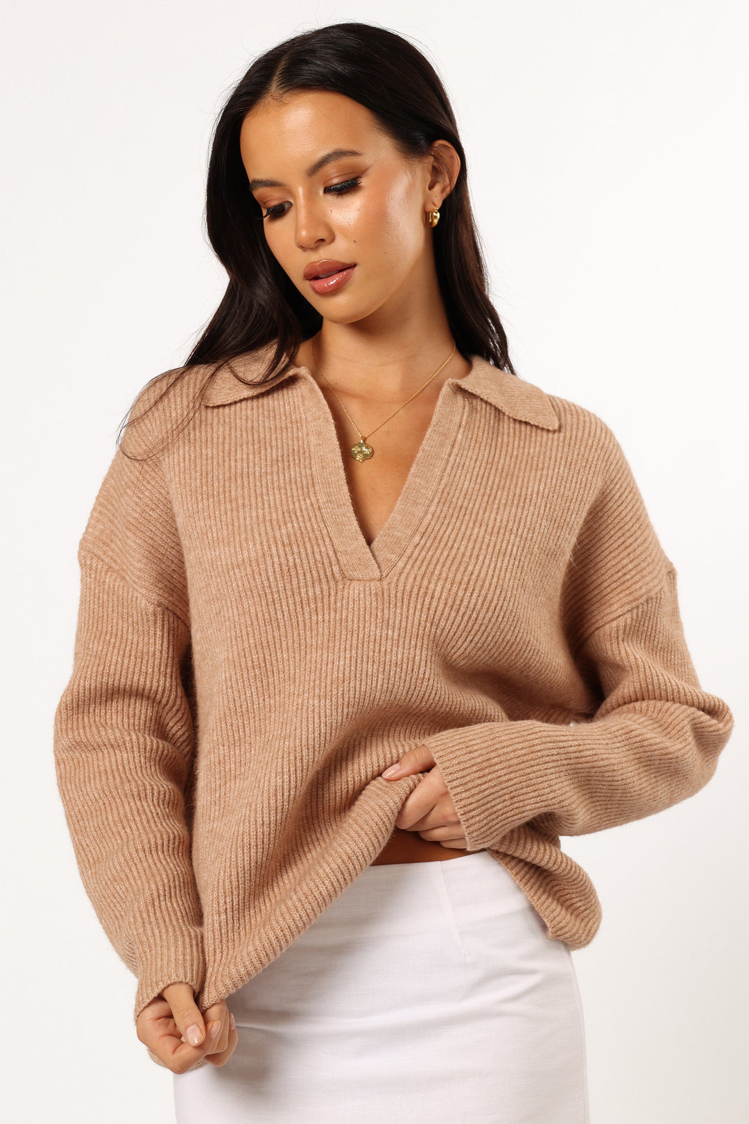 Damen lässiger Strickpullover mit modernem V-Ausschnitt und weit geschnittenen Ärmeln Heidi-Mode