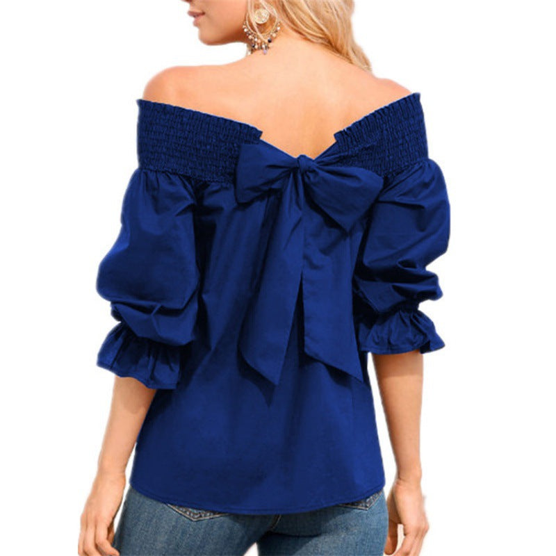 Damen Off-Shoulder Bluse mit Puffärmeln und Schleifendetail Heidi-Mode