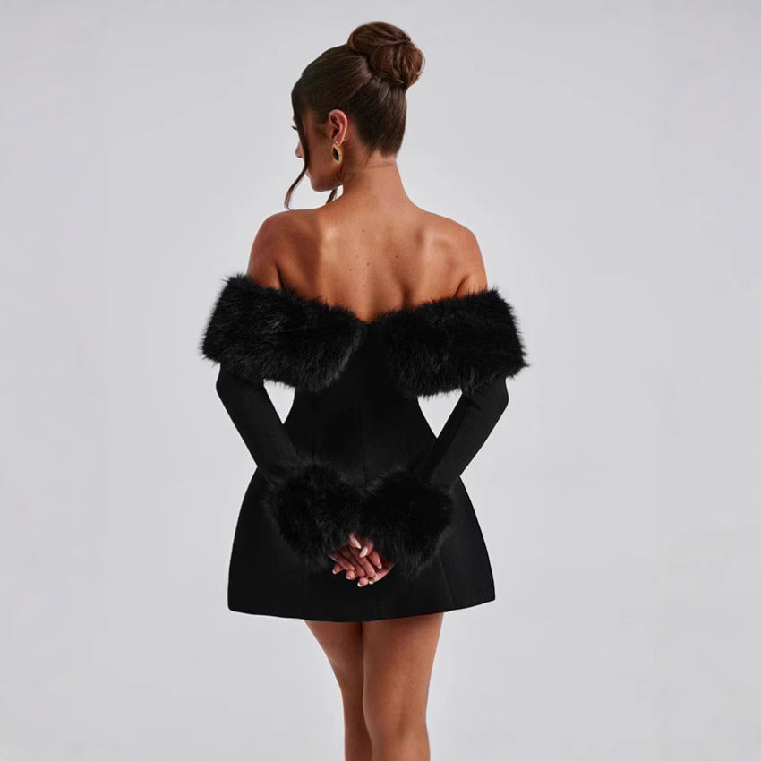 Damen Off-Shoulder Cocktailkleid mit eleganten Flauschesäumen Heidi-Mode