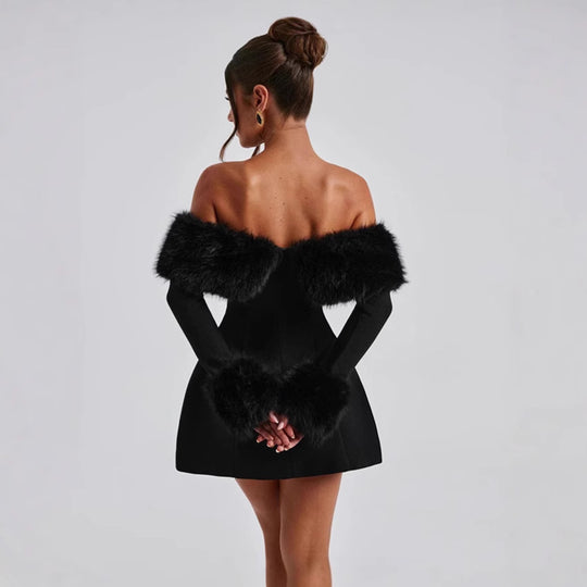 Damen Off-Shoulder Cocktailkleid mit eleganten Flauschesäumen Heidi-Mode