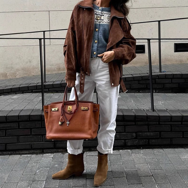 Damen lässige Wildlederjacke im Oversized-Stil mit Taillengürtel Heidi-Mode