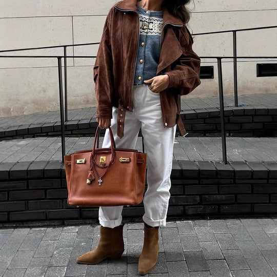 Damen lässige Wildlederjacke im Oversized-Stil mit Taillengürtel Heidi-Mode