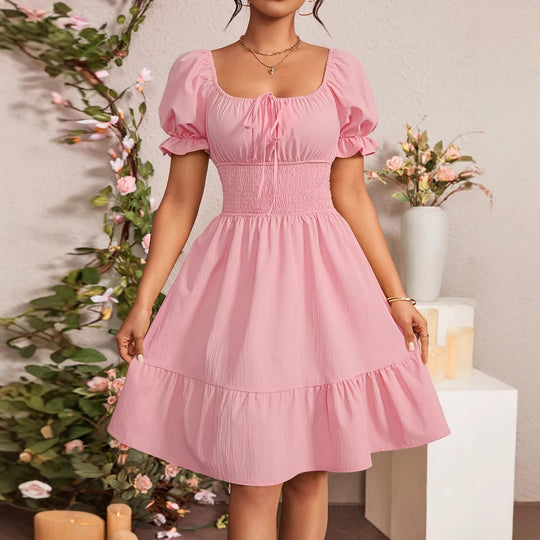 Damen Puffärmel Kleid mit elastischem Tailleneinsatz und Rüschensaum Heidi-Mode
