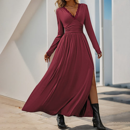 Damen Maxikleid mit tiefem V-Ausschnitt und eleganter Raffung Heidi-Mode